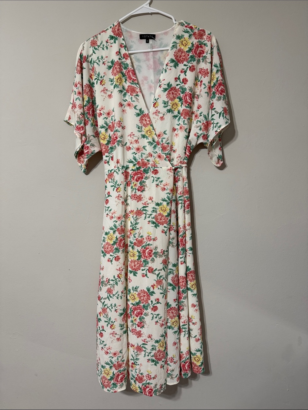 1. State Cream Floral Wrap Midi Dress with Pink, Yellow and Green Print